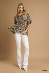 Umgee Boho Floral Stripe Puff Sleeve Blouse OutfitFlow