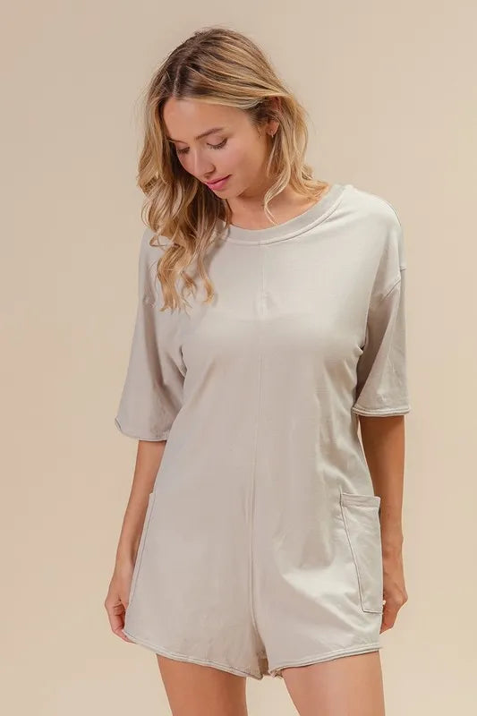 BiBi Short Sleeve Back Open Washed Romper OutfitFlow