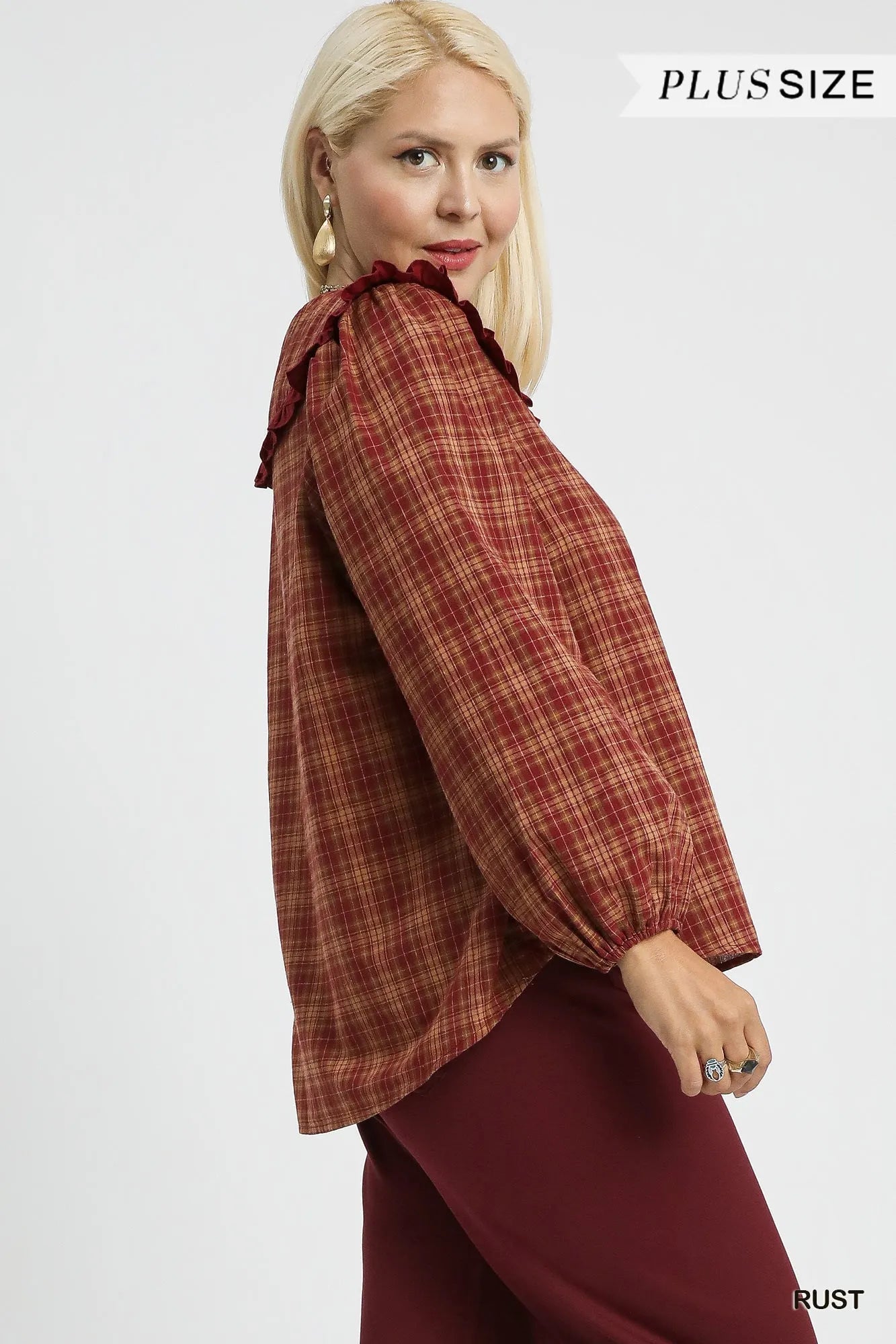 Umgee Full Size Plaid Ruffle Collar Blouse Plus Size Trendsi