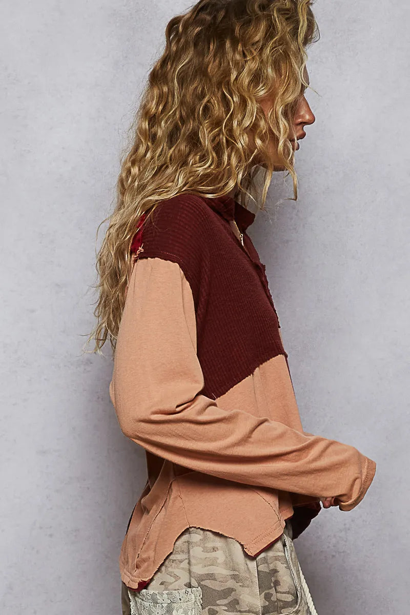 POL Color Block Notched Long Sleeve T-Shirt OutfitFlow