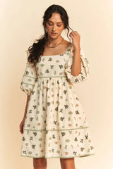 Davi & Dani Cactus Printed Poplin Contrast Piping Mini Dress OutfitFlow