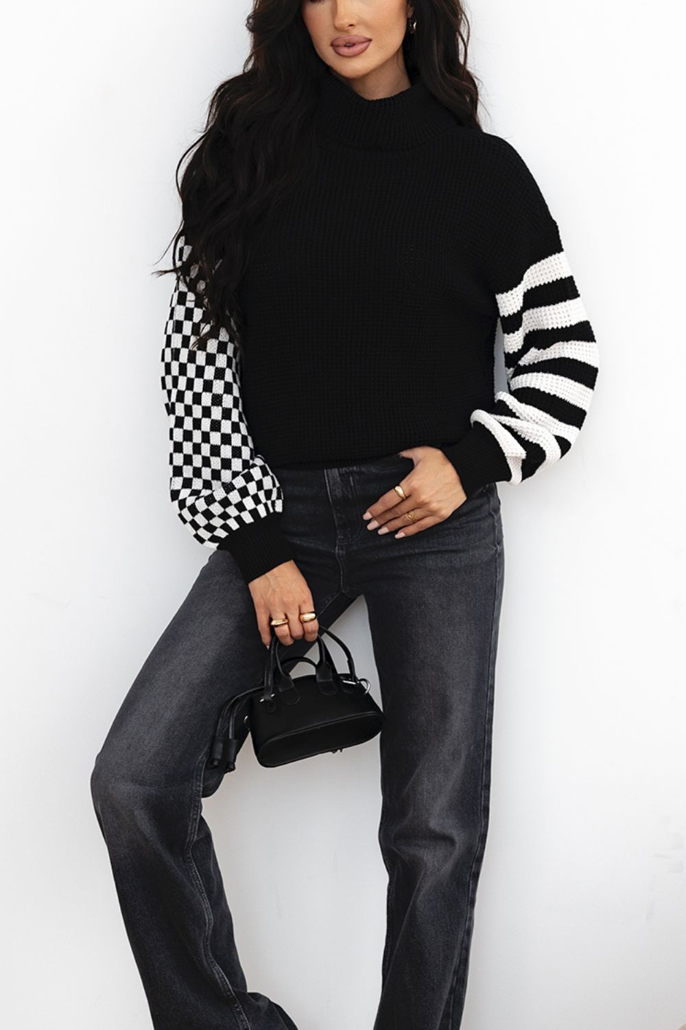 Outfit Flow - Striped & Checkered Turtleneck Dropped Shoulder Sweater