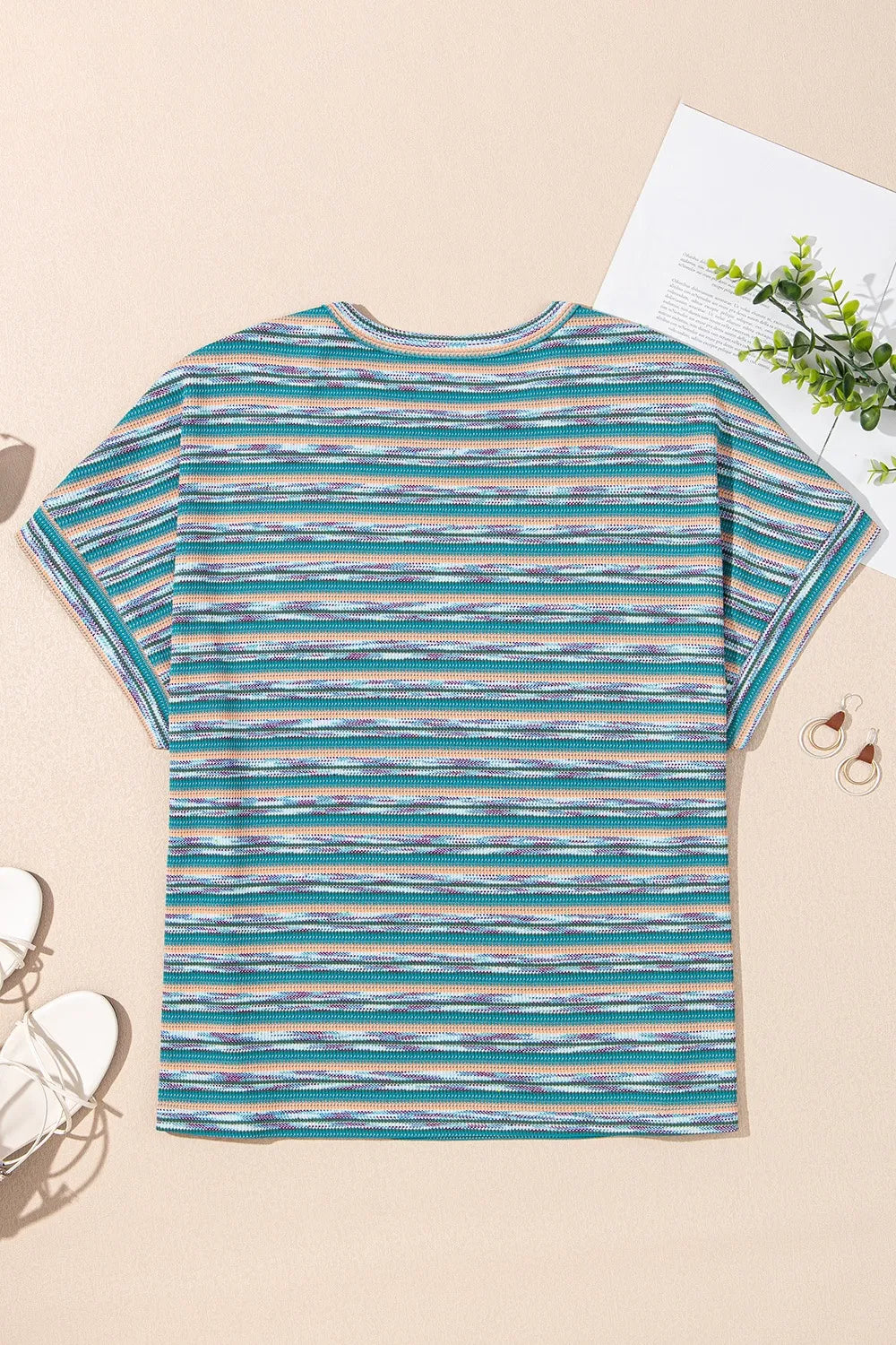 Multicolour Striped Wide Sleeve Loose T Shirt OutfitFlow