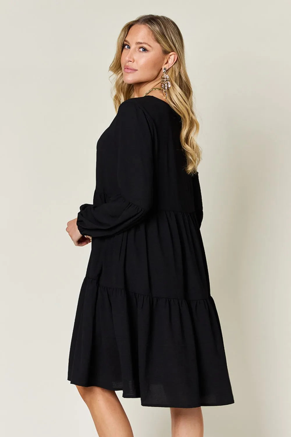 Double Take Full Size V-Neck Balloon Sleeve Tiered Dress with Pockets OutfitFlow