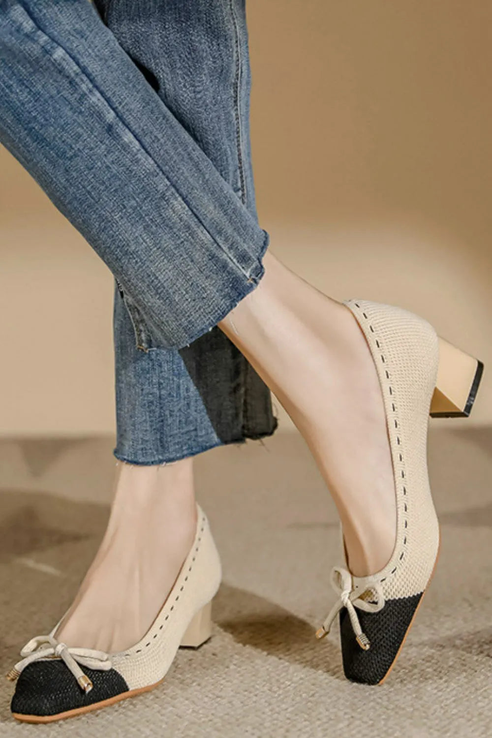 Square Toe Block Heels Slip-Ons Beige OutfitFlow