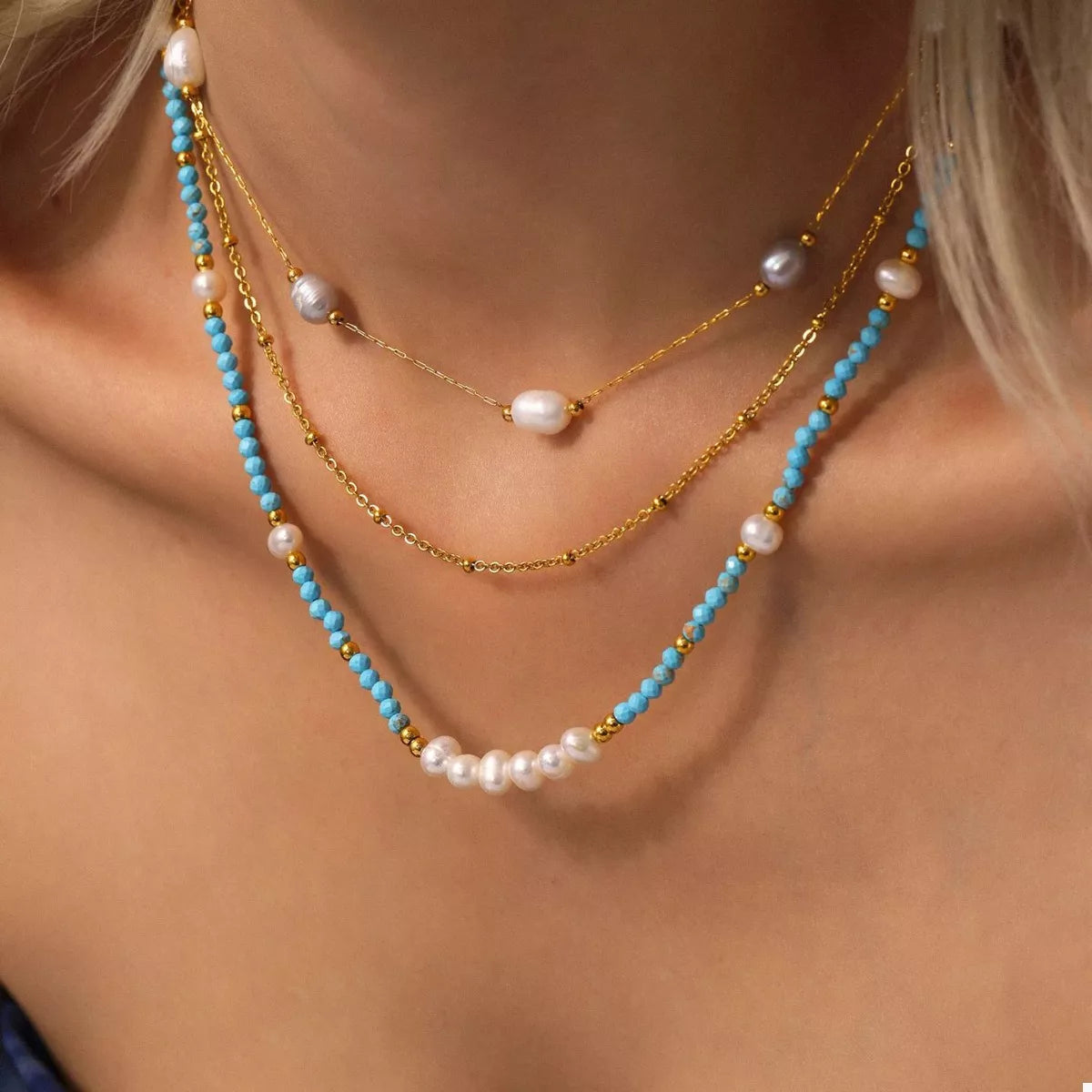 Turquoise Pearl Beaded Necklace Trendsi