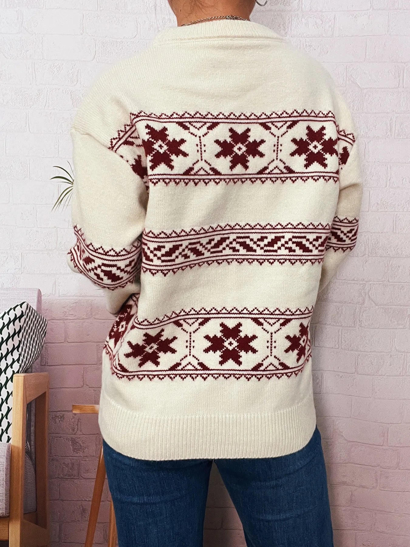 Christmas Snowflake Round Neck Sweater OutfitFlow