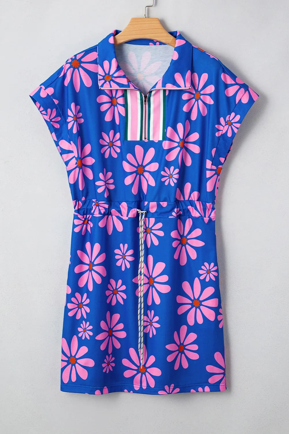Floral Print Zip Collar Drawstring Summer Mini Dress OutfitFlow
