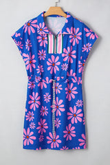 Floral Print Zip Collar Drawstring Summer Mini Dress OutfitFlow