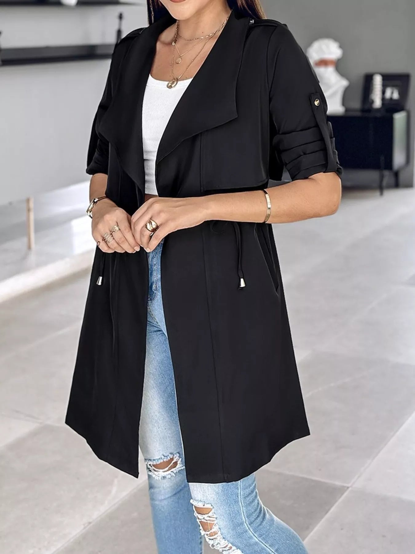 Drape Collar Lightweight Trench Coat OutfitFlow