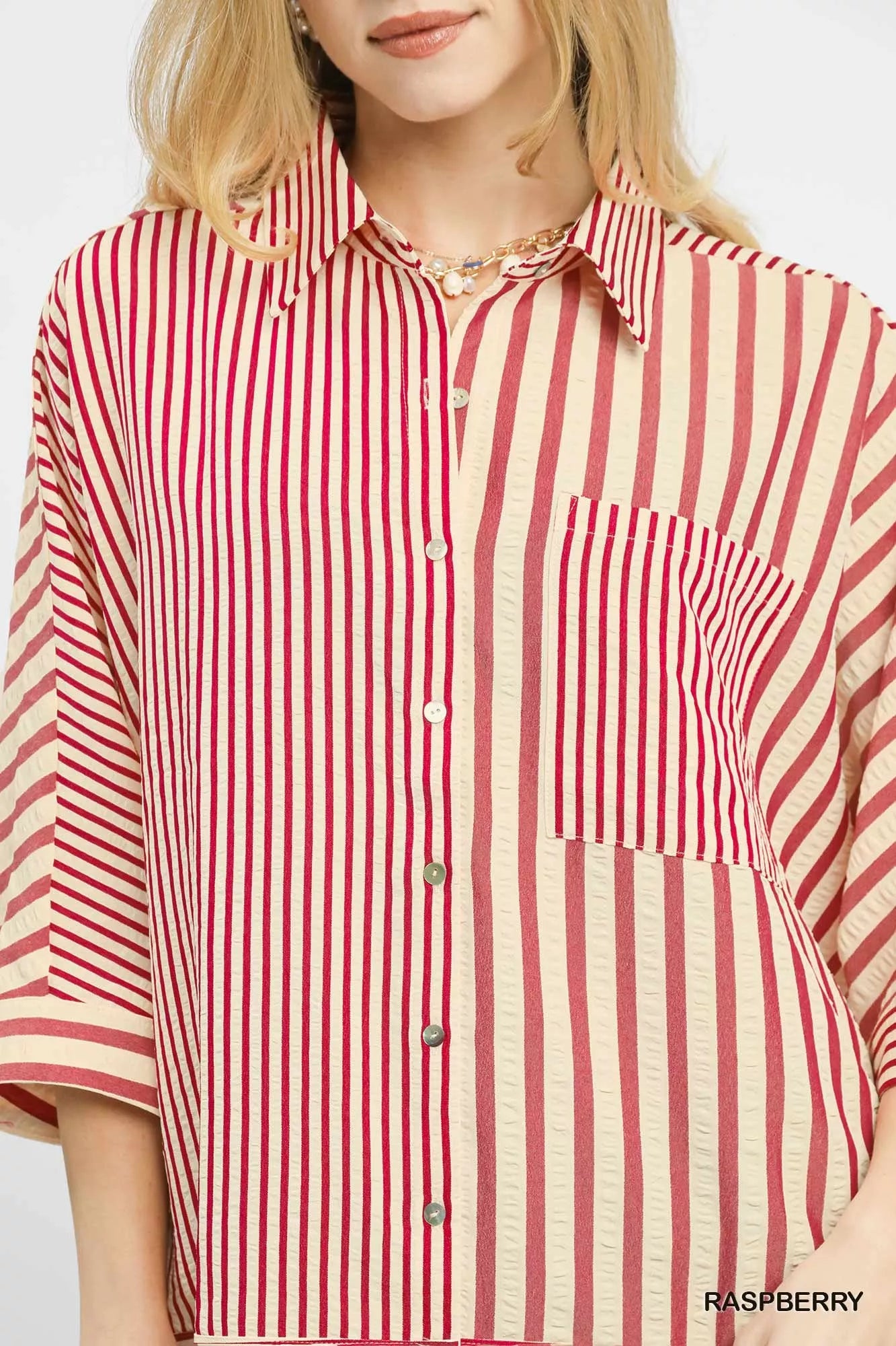 Umgee Mixed Stripe Oversized Button Down Top OutfitFlow