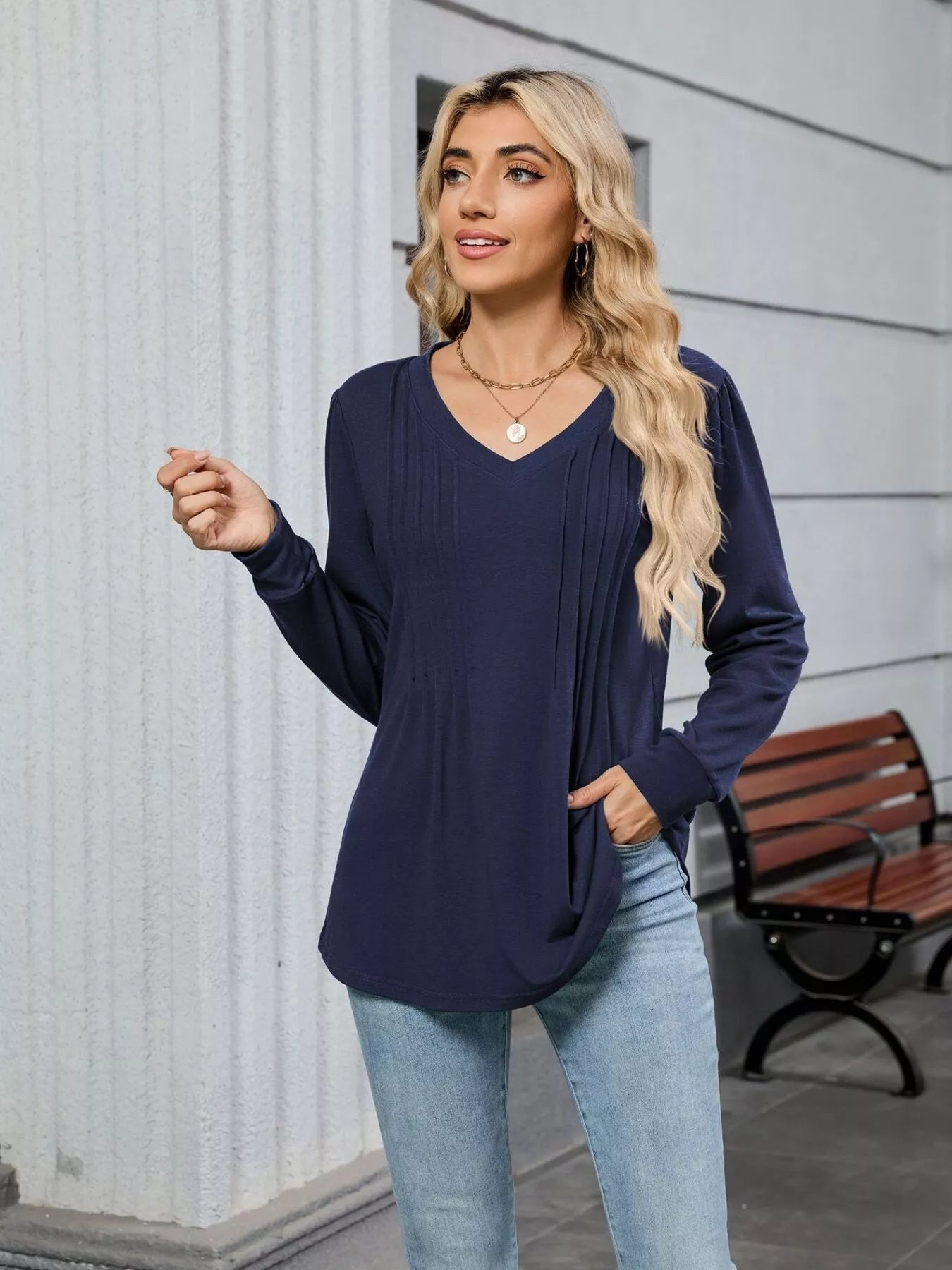 V-Neck Long Sleeve Relaxed Fit T-Shirt OutfitFlow