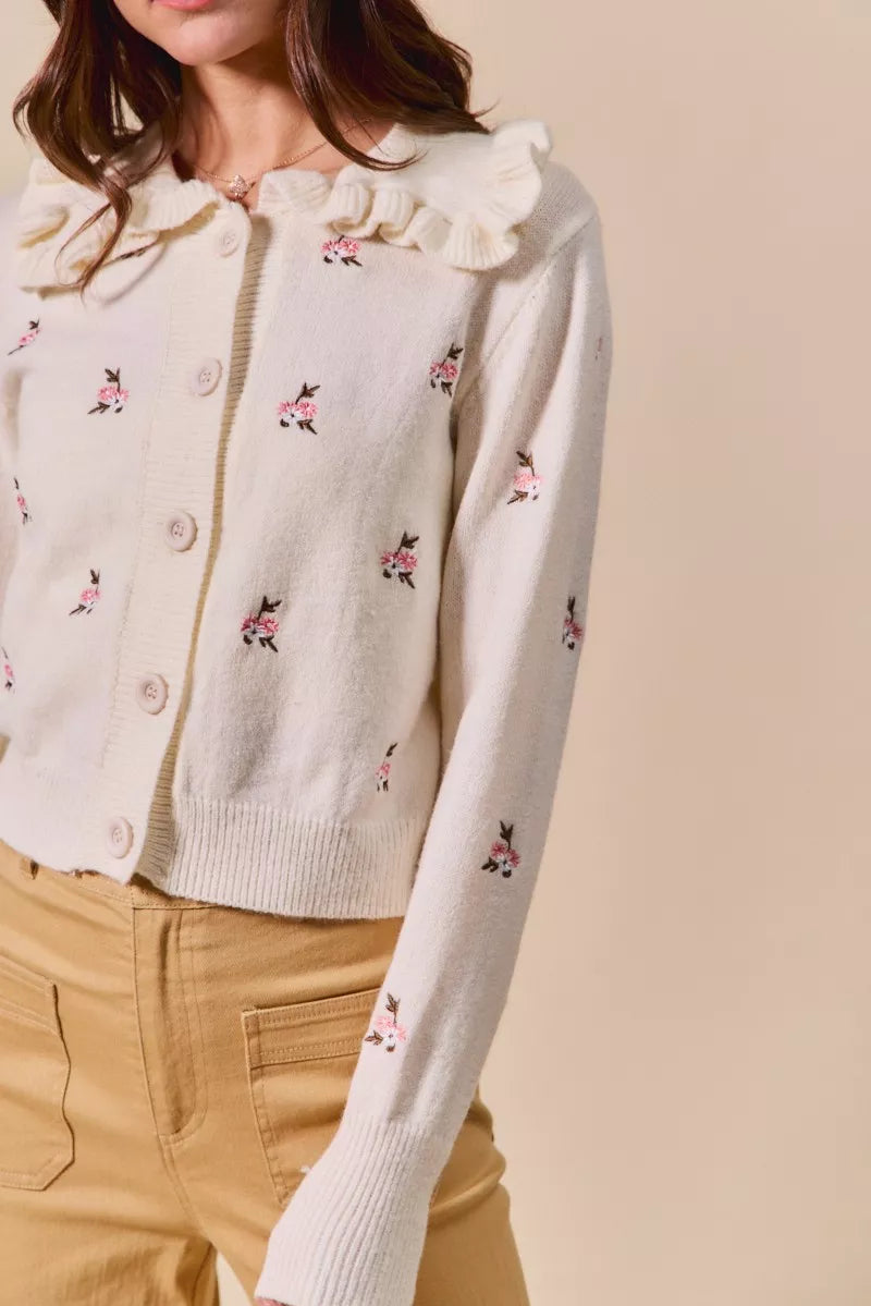 SO ME Collared Floral Embroidered Button Down Sweater Cardigan OutfitFlow