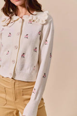SO ME Collared Floral Embroidered Button Down Sweater Cardigan OutfitFlow