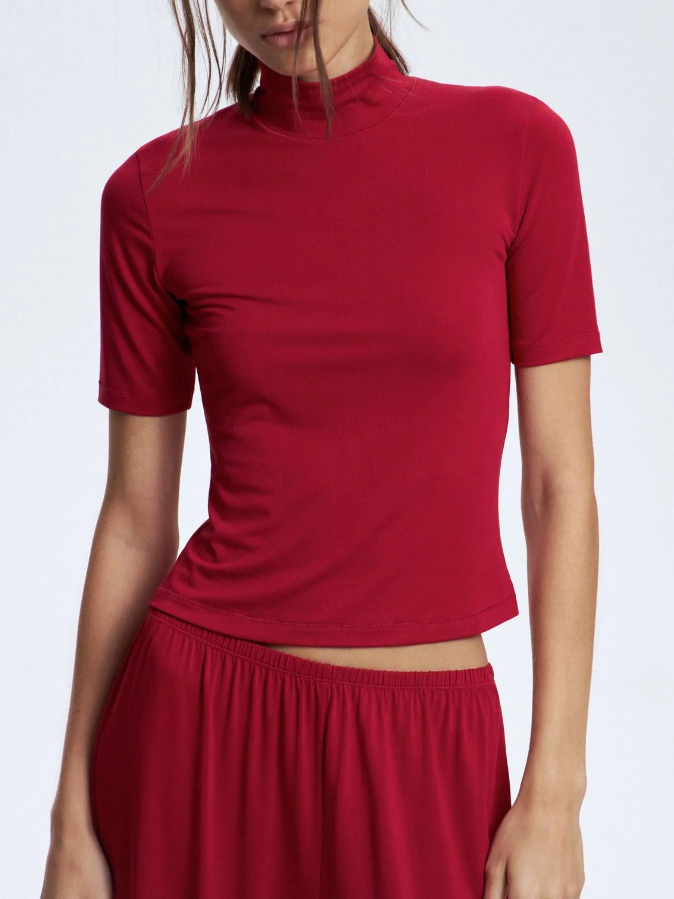 Mock Neck Short Sleeve Top and Pants Set OutfitFlow