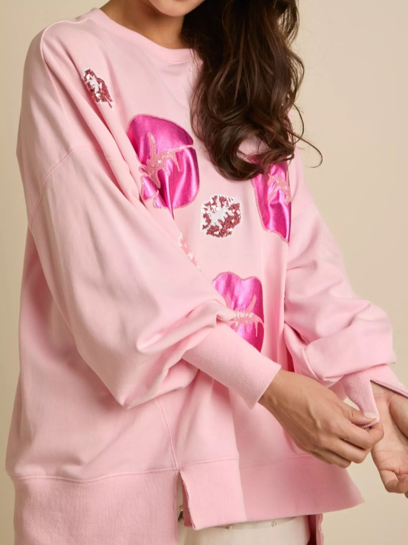 Lips Round Neck Dropped Shoulder Sweatshirt OutfitFlow