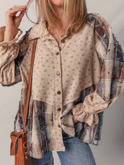 Boho Floral Plaid Patchwork Distressed Detail Ruffled Sleeve Waffle Knit Shacket OutfitFlow