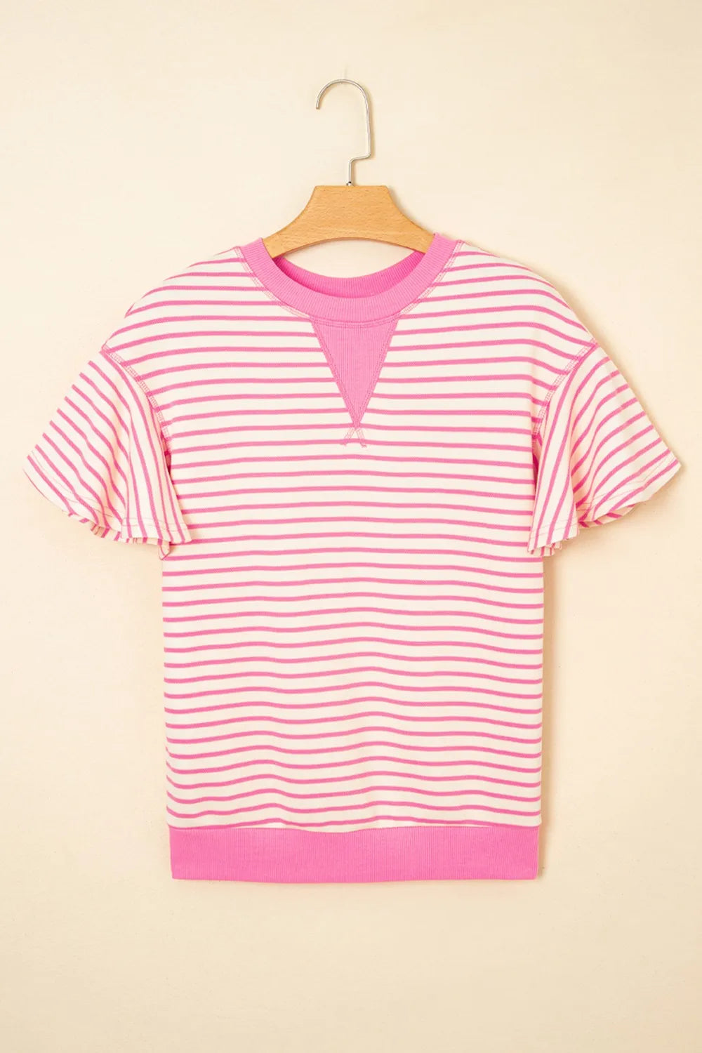 Striped Flounce Sleeve Casual Blouse OutfitFlow