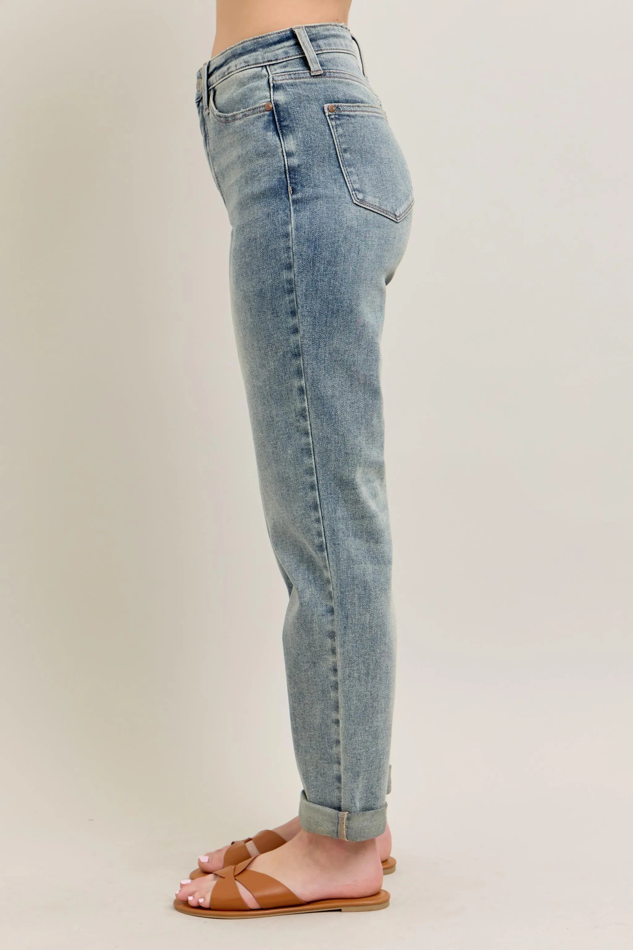 Judy Blue Full Size Hw Vintage Wash Double Roll Cuff Bf Jeans Plus Size OutfitFlow