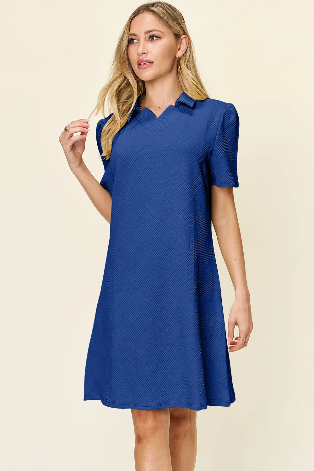Double Take Full Size Texture Collared Neck Short Sleeve Dress Royal Blue OutfitFlow