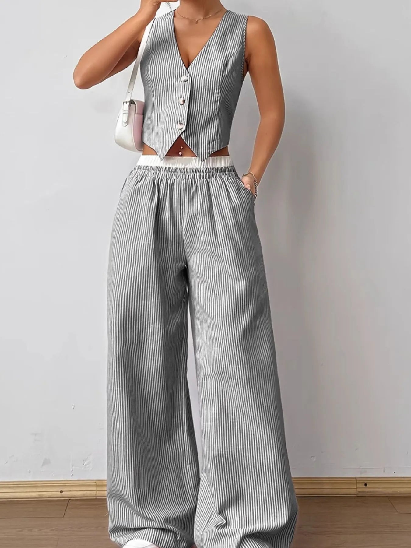 Striped Vest Top and Wide Leg Pants Two-Piece Set Dark Gray OutfitFlow