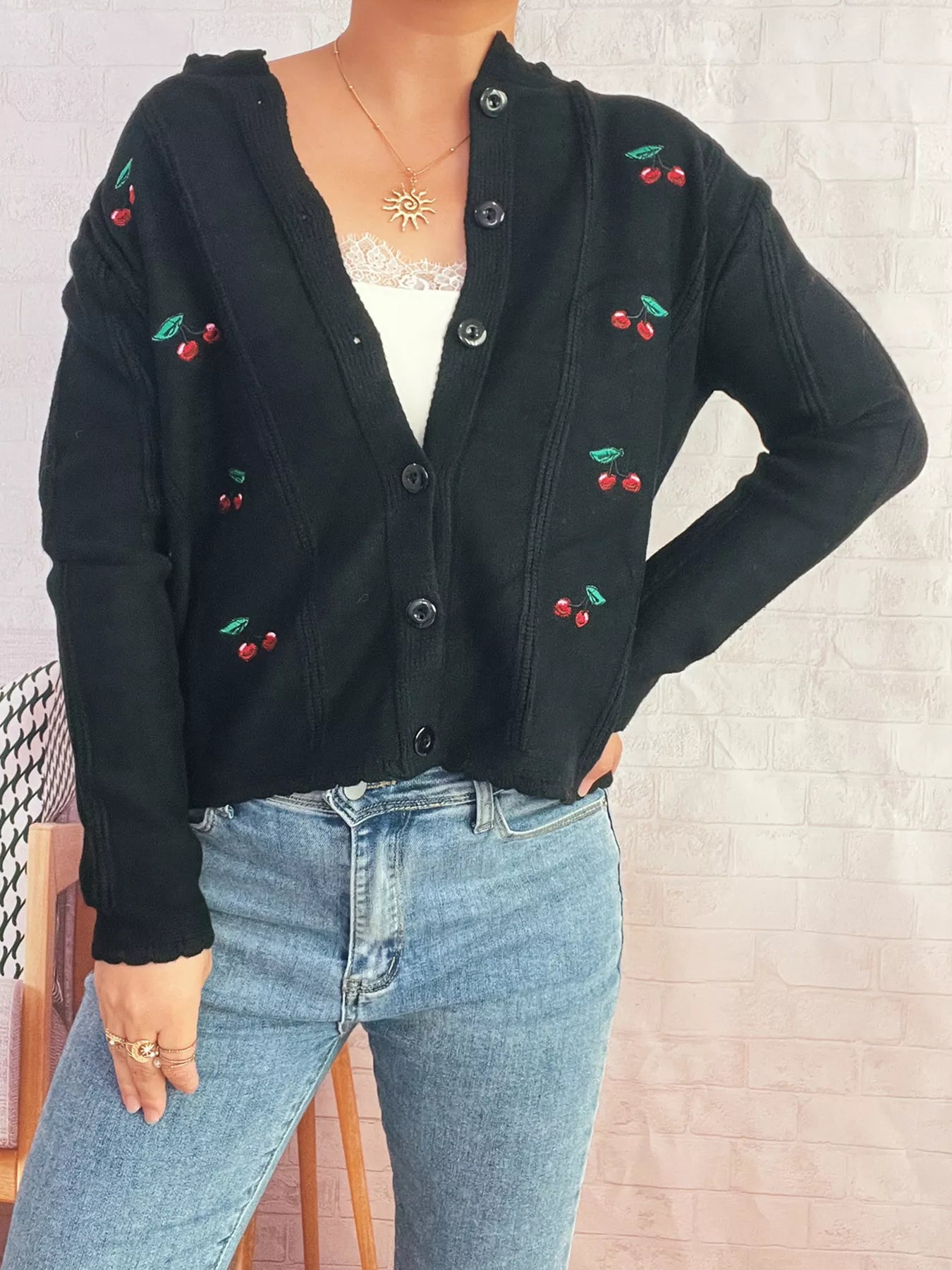 Cherry Embroidered Button Up Cardigan OutfitFlow