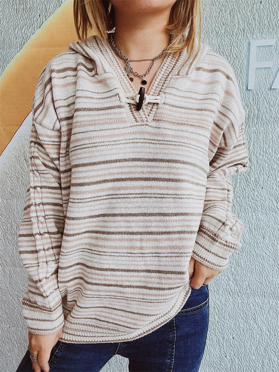 Striped Long Sleeve Hooded Sweater Taupe One Size Trendsi