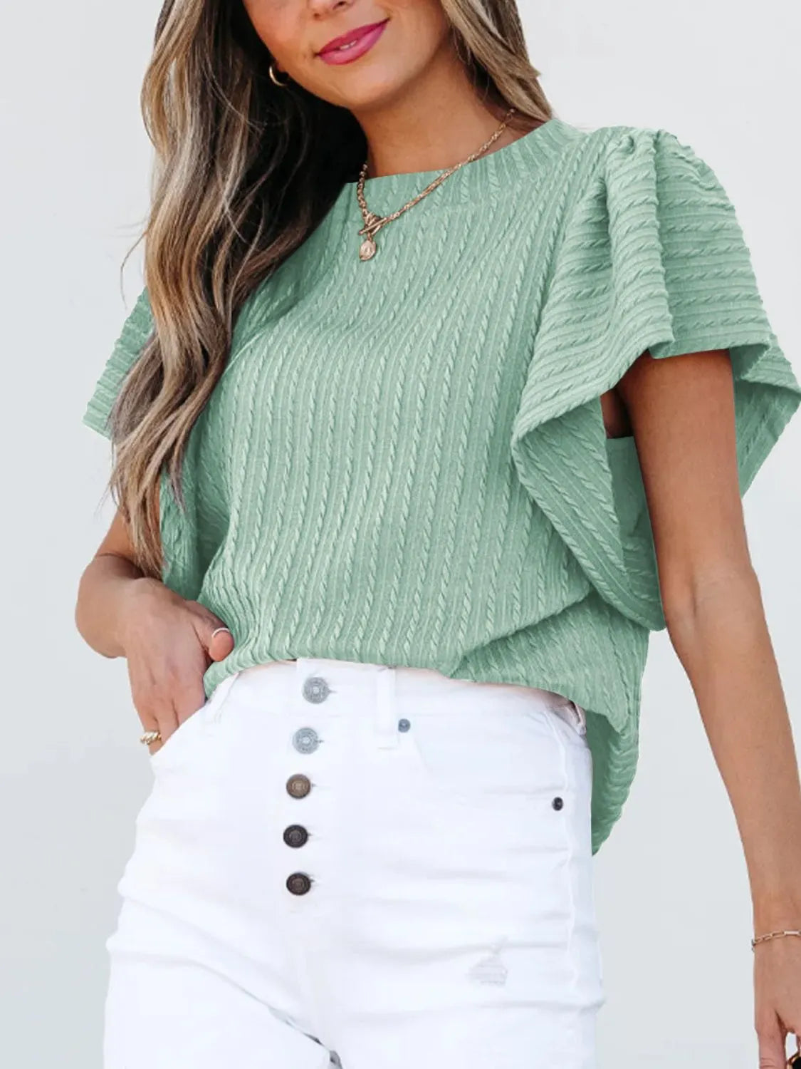 Round Neck Ruffle Sleeve Top OutfitFlow