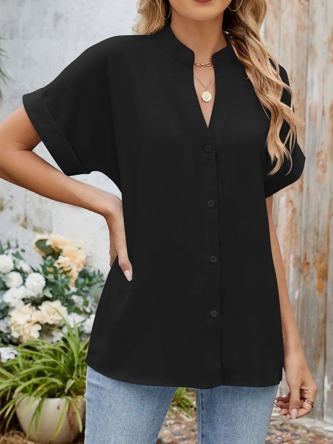 Notched Short Sleeve Blouse OutfitFlow