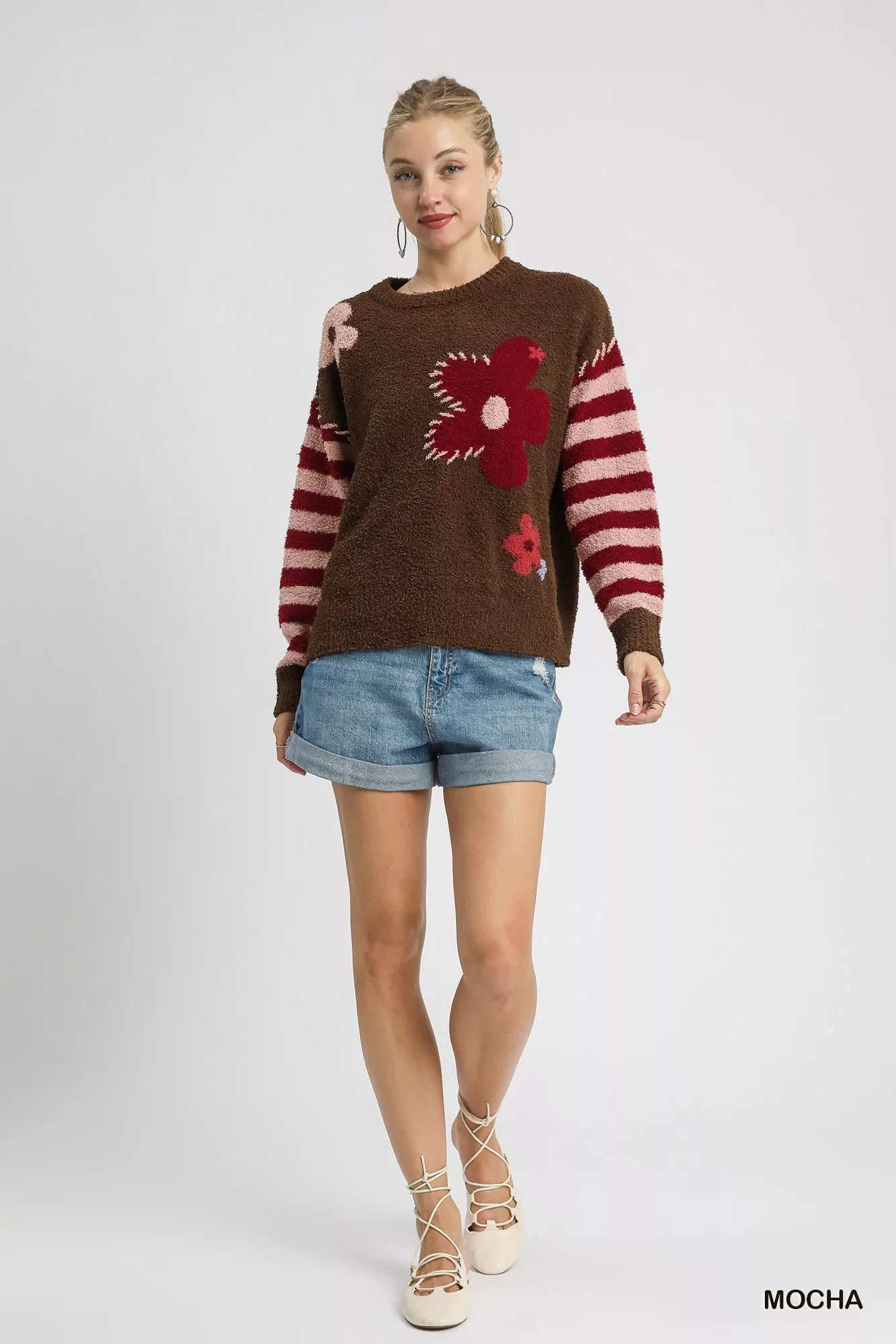 Umgee Flower Jacquard Striped Long Sleeve Sweater OutfitFlow
