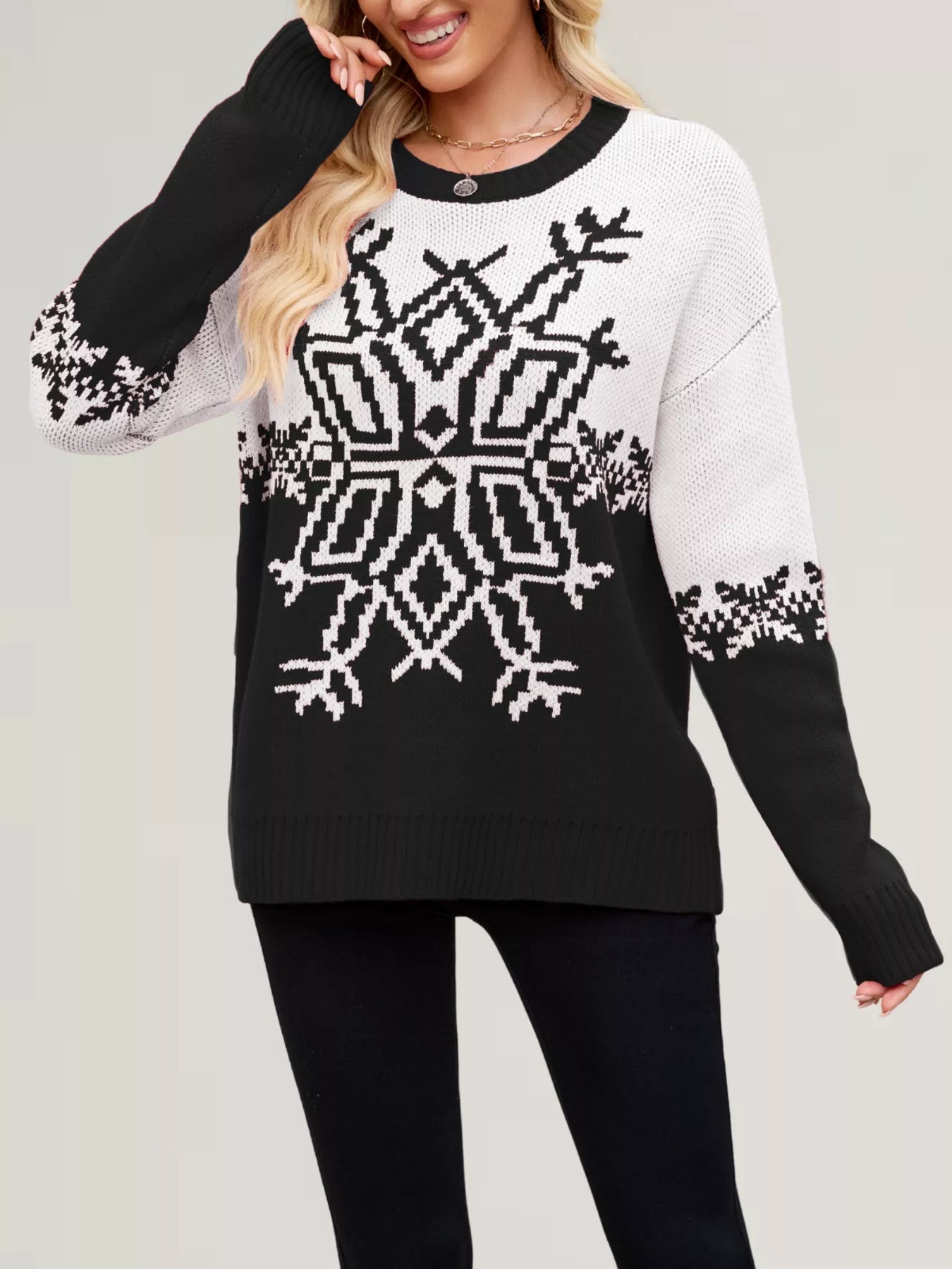 Christmas Snowflake Round Neck Sweater OutfitFlow