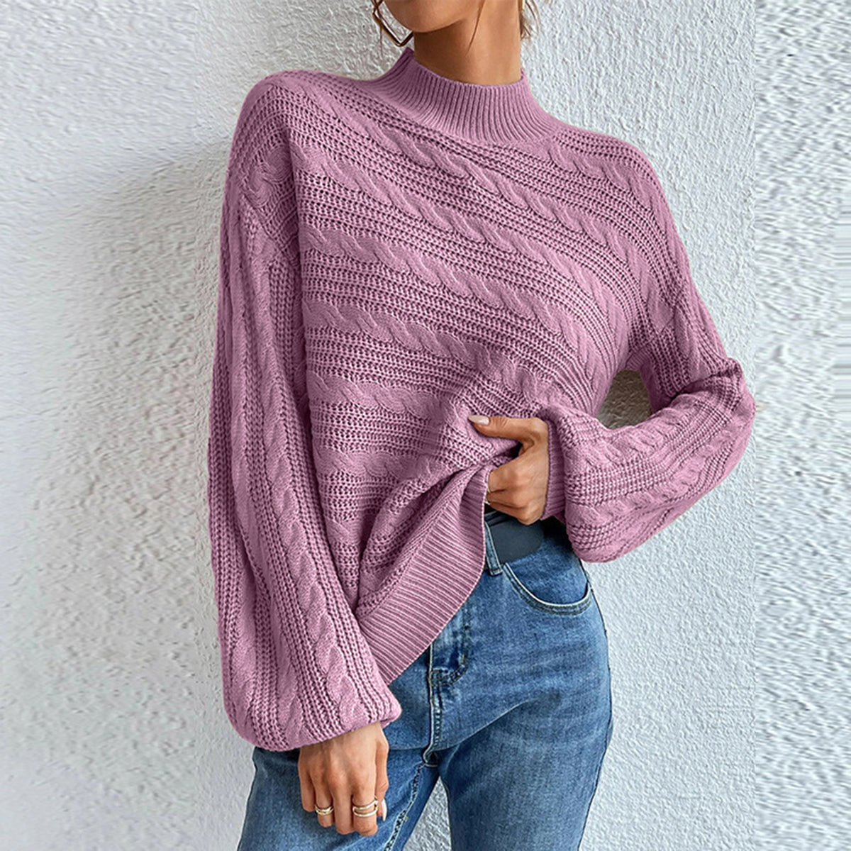 Cable-Knit Mock Neck Long Sleeve Sweater