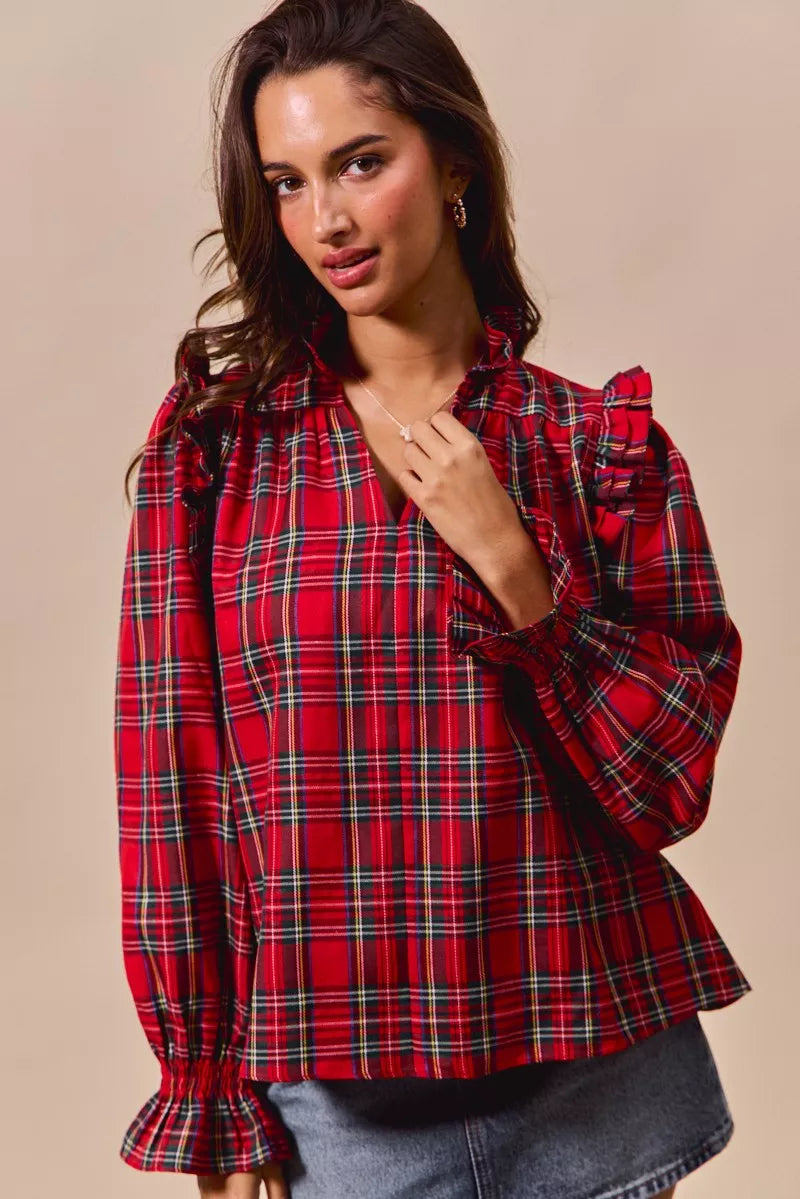 SO ME Christmas Checkered Plaid Smocked Blouse OutfitFlow