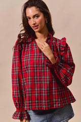 SO ME Christmas Checkered Plaid Smocked Blouse OutfitFlow
