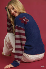 Umgee Flower Jacquard Striped Long Sleeve Sweater OutfitFlow