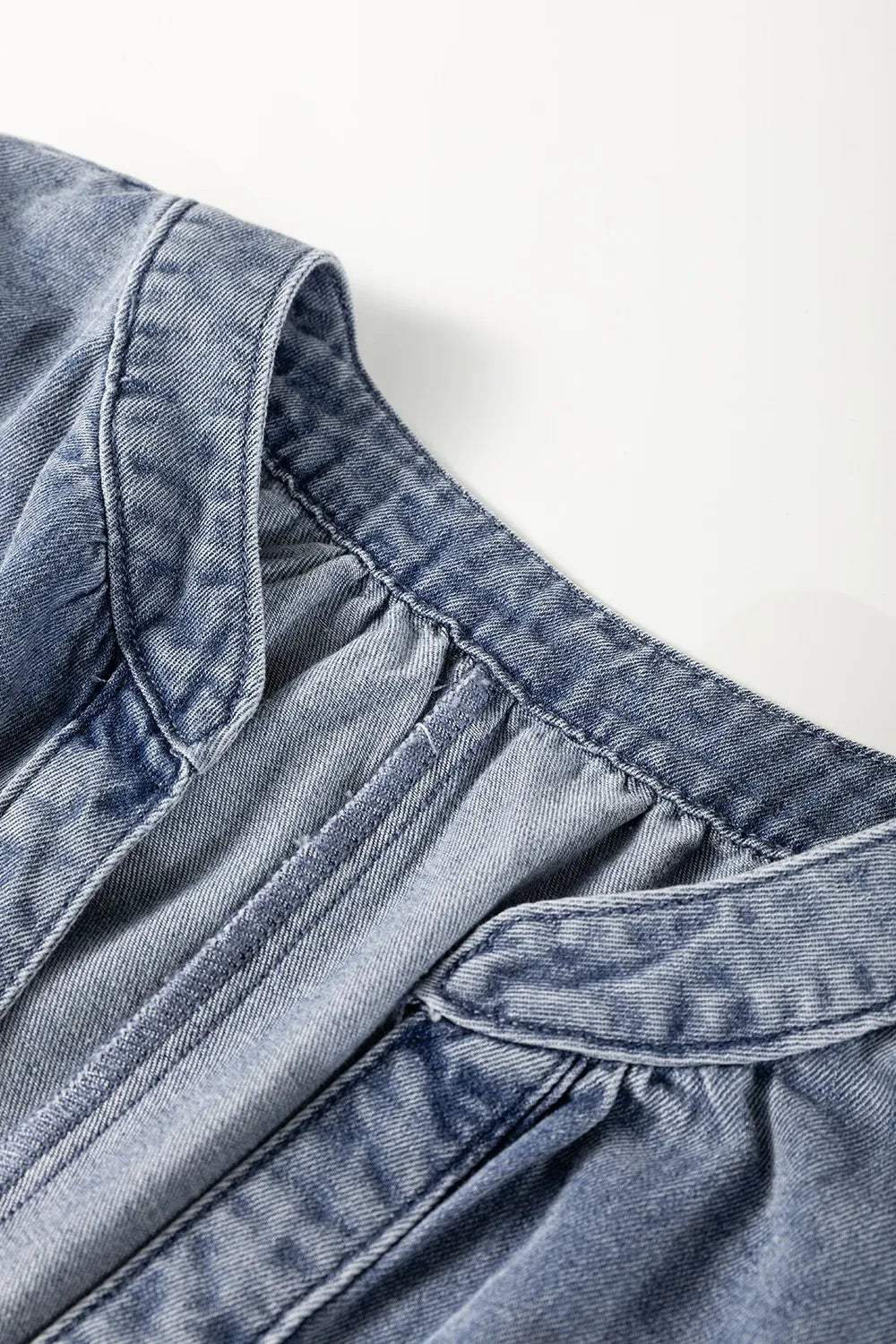 V Neck Ruffled Short Puff Sleeve Denim Top OutfitFlow
