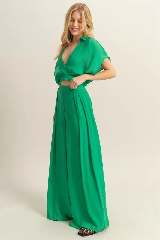 HYFVE Kimono Sleeve Crop Top and Wide Leg Pants Set OutfitFlow