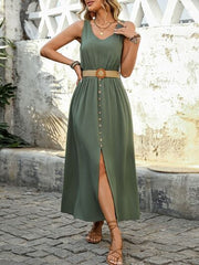 Perfee Decorative Button Slit Sleeveless Midi Dress OutfitFlow