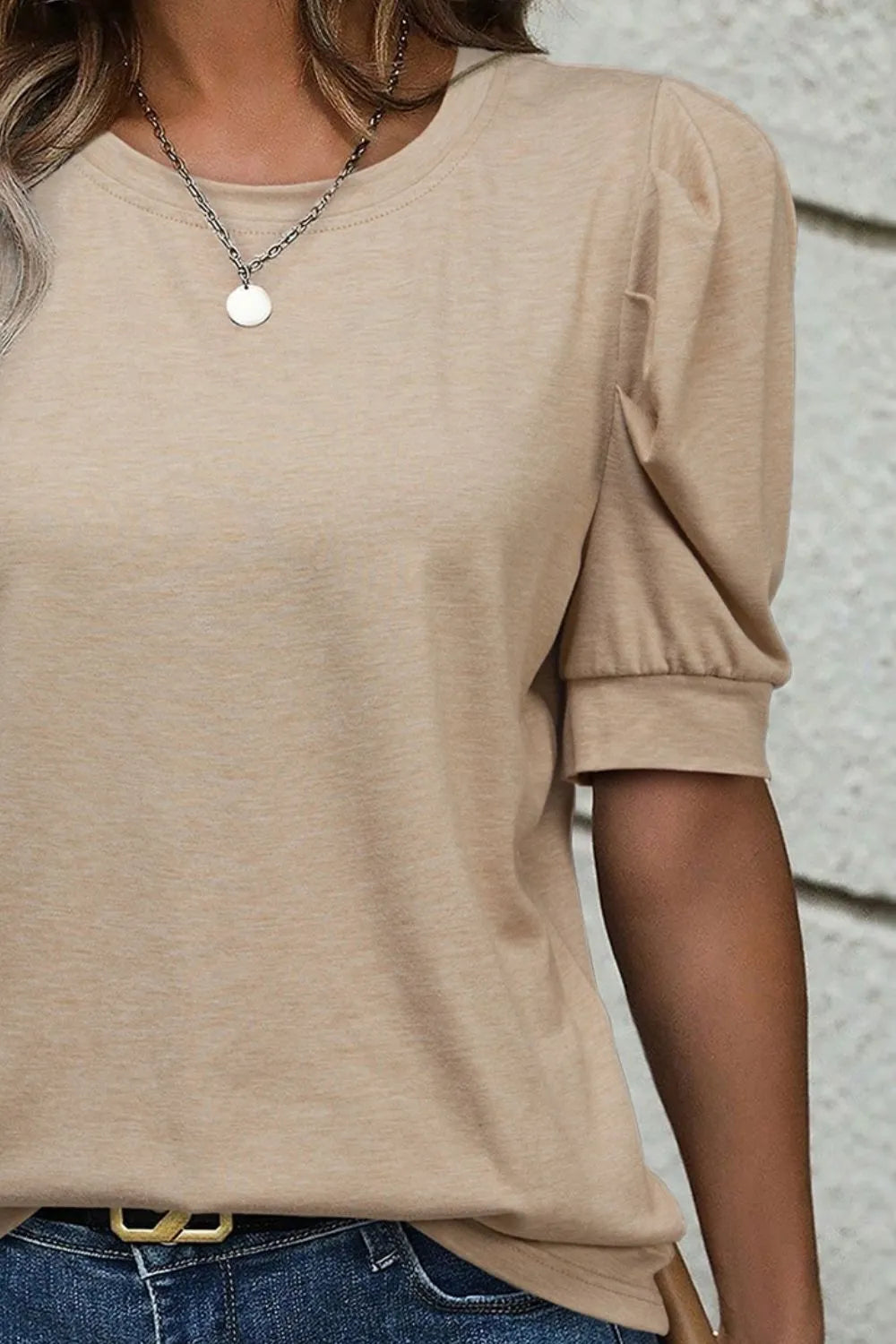 Round Neck Puff Sleeve Casual T-Shirt OutfitFlow
