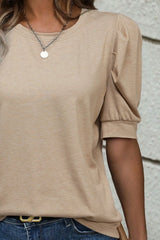 Round Neck Puff Sleeve Casual T-Shirt OutfitFlow