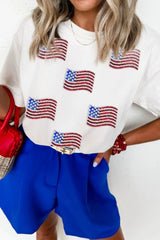 Sequin American Flag Patched Casual T Shirt OutfitFlow