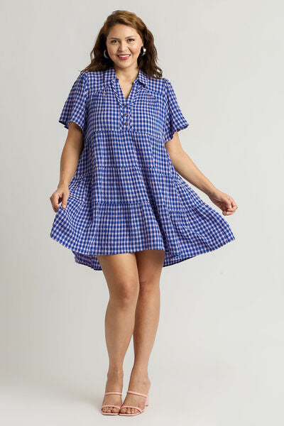 Umgee Full Size Gingham Tiered Button Detail Short Sleeve Dress Plus Size OutfitFlow