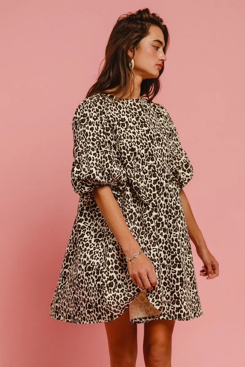 BiBi Leopard Denim Dress With Back Contrast Tie Detail OutfitFlow