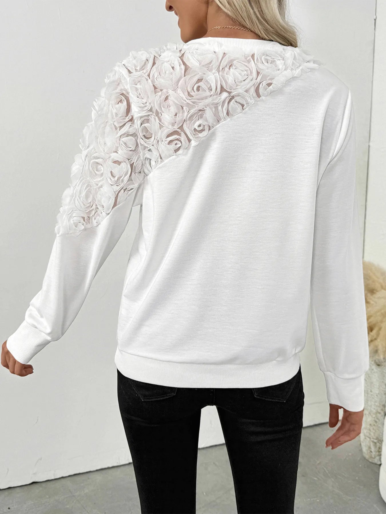 Rose Embroidered Long Sleeve Sweatshirt OutfitFlow