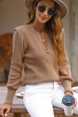 Notched Long Sleeve Sweater OutfitFlow