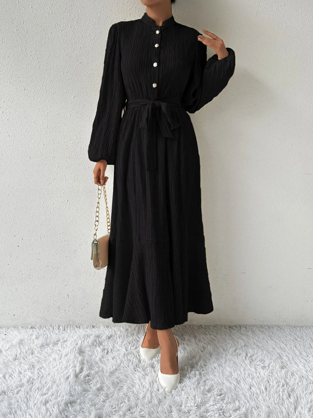 Honey Tie Waist Long Sleeve Dress Black OutfitFlow