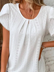 Eyelet Petal Sleeve Top with Pom Pom Trim OutfitFlow
