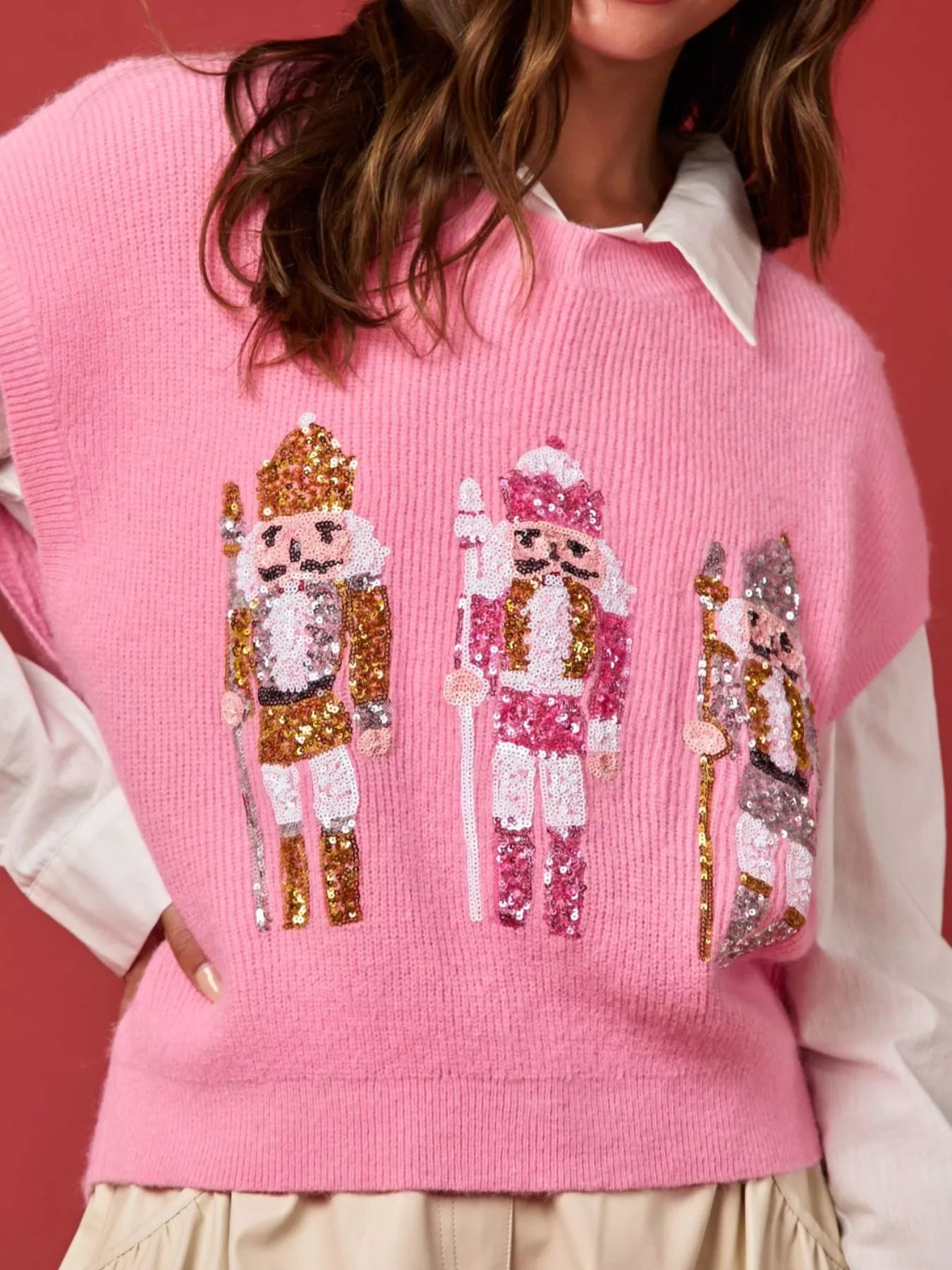 Christmas Sequin Round Neck Sweater Vest OutfitFlow