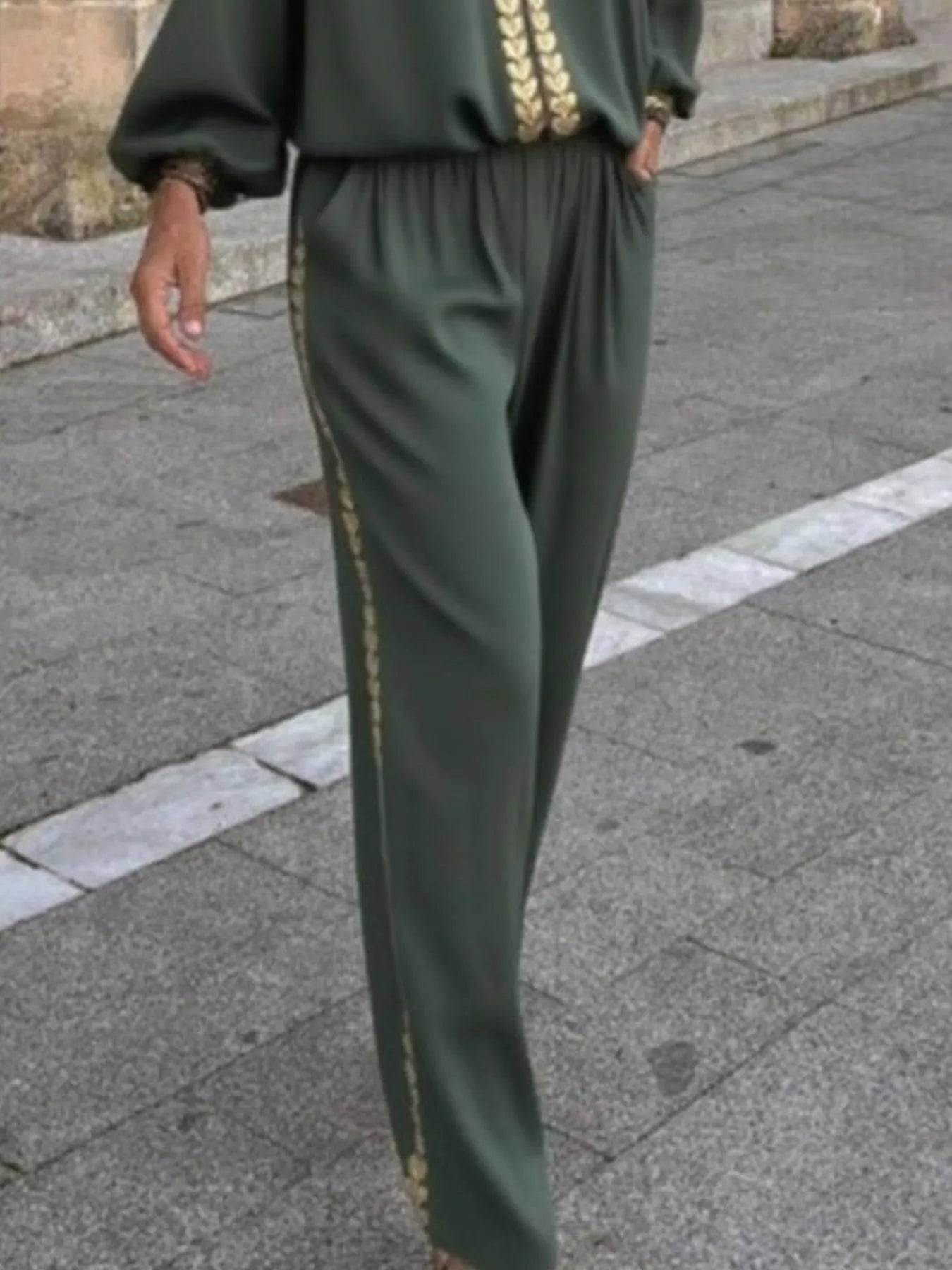 Full Size Contrast Trim V-Neck Top and Pants Set Plus Size OutfitFlow