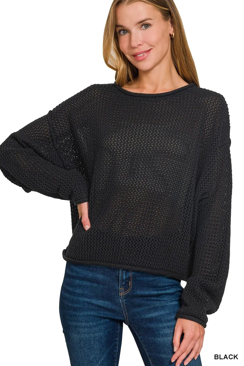 Zenana Textured Drop Shoulder Knit Top BLACK Trendsi